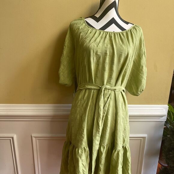 House of Tara green dress with elastic puff sleeves ruffle hem size 14 - Picture 4 of 10